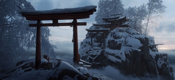 Snowy mountain temple with torii gates