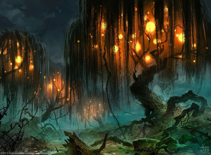 Fantasy swamp with glowing willow trees by Svetlin Velinov