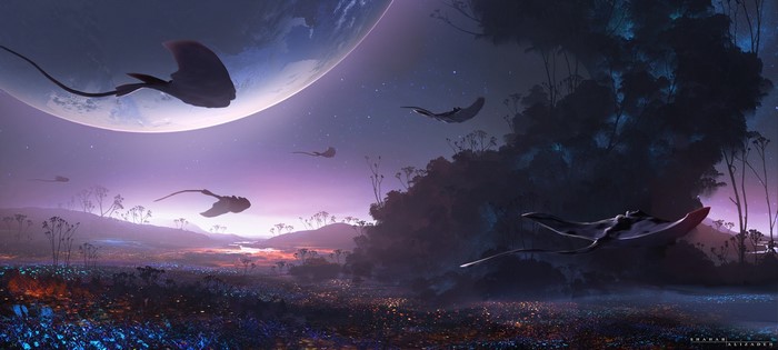 Fantasy landscape with flying creatures and a planet
