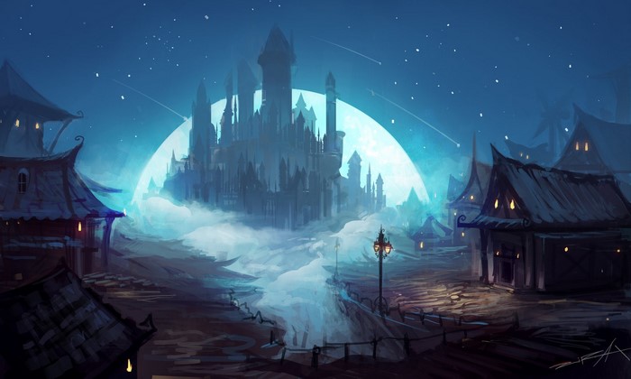 Fantasy castle under a large moon and starry sky