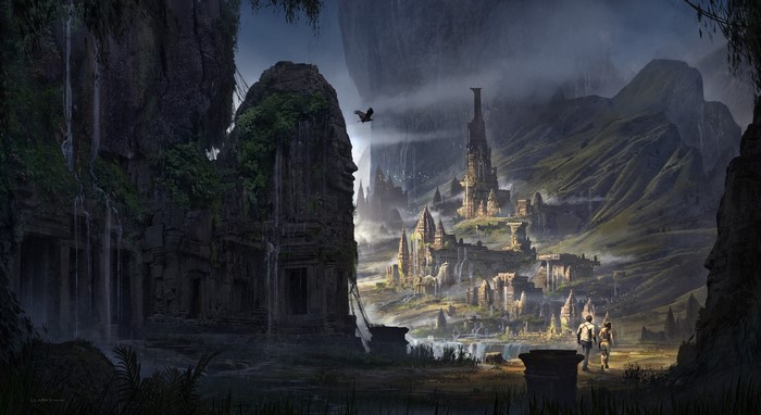 Fantasy ruins with a city in the background