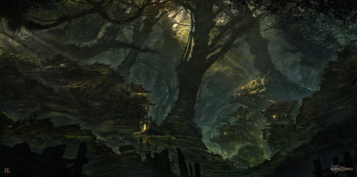 Fantasy forest village with ancient trees and glowing houses