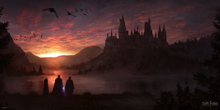 Hogwarts Castle by a Lake at Sunset