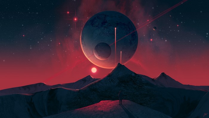 Digital art of a science fiction landscape with planets and mountains