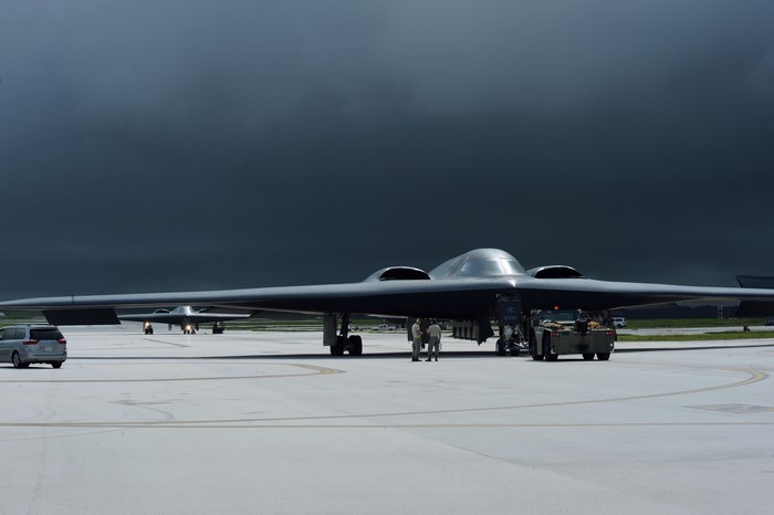 Northrop Grumman B-2 Spirit bombers on a military base