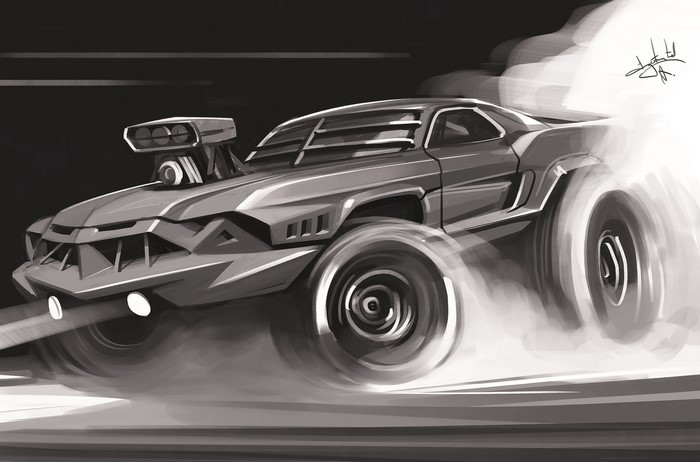 Monochrome concept art of a muscle car by Aleksandr Sidelnikov