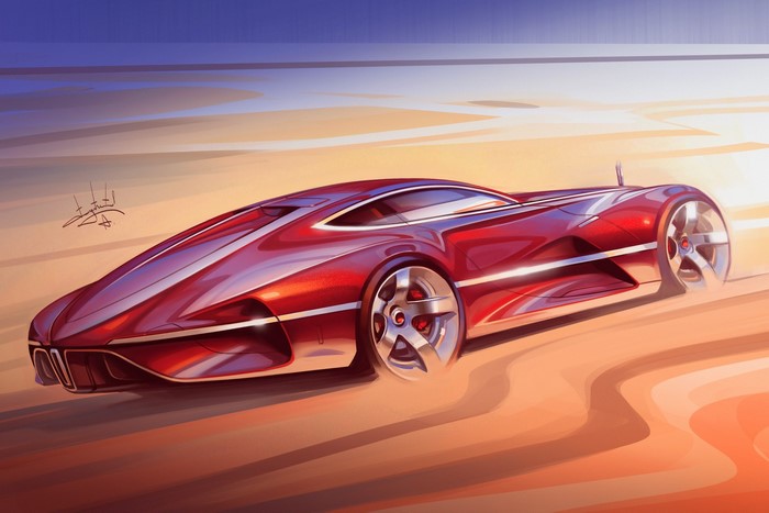 Red concept sports car in desert landscape