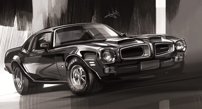 Monochrome painting of a black Pontiac Firebird sports car