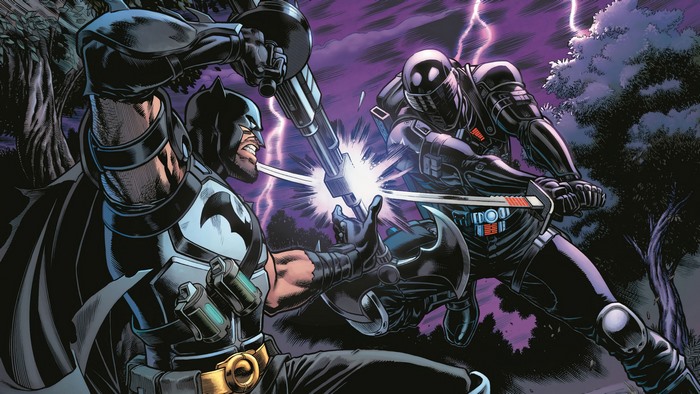 Batman and Snake Eyes in a fierce sword fight