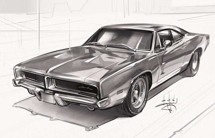 Monochrome sketch of a Dodge Charger muscle car