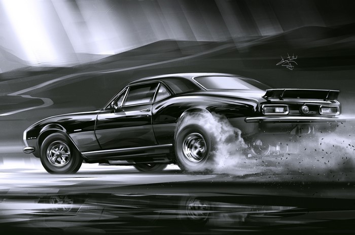 Black muscle car doing a burnout
