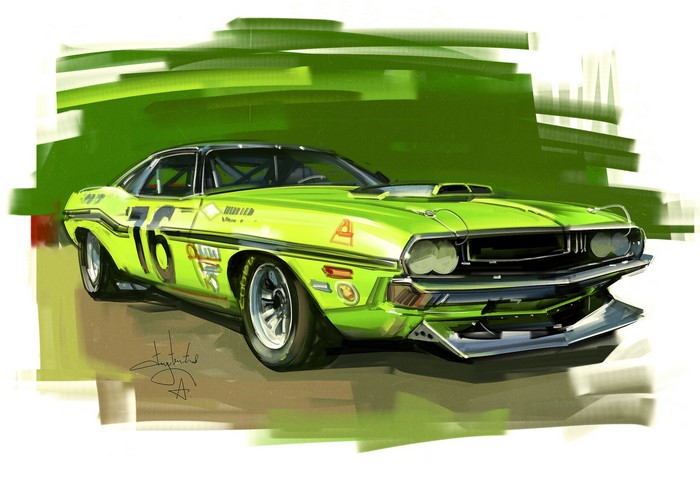 Green Dodge Challenger race car by Aleksandr Sidelnikov