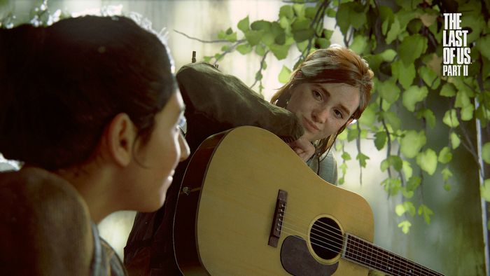 Ellie and Dina from The Last of Us Part II with a guitar