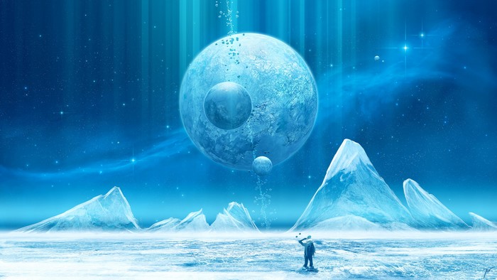 Space art with planets and ice formations