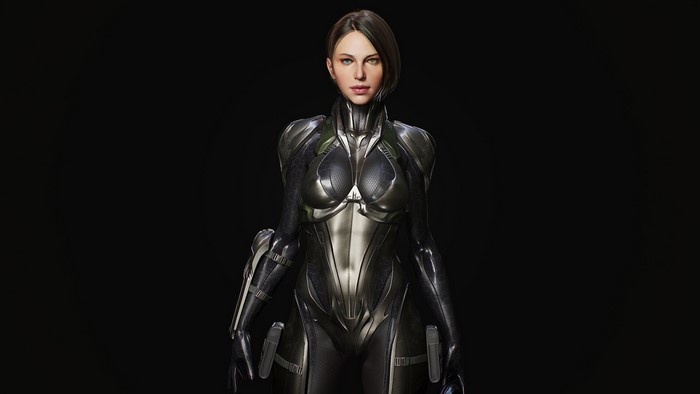 Woman in futuristic armor standing against black background