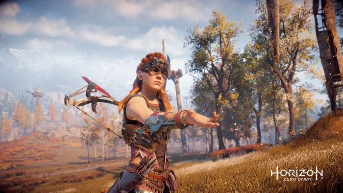 Aloy from Horizon Zero Dawn with a bow