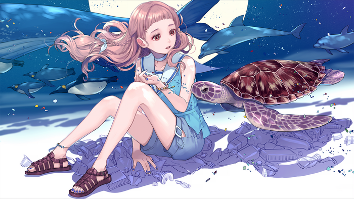 Anime girl with pink hair, dolphins, penguins, and sea turtle