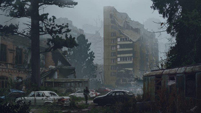 Apocalyptic city ruins with abandoned cars and a lone figure