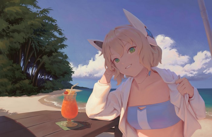 Anime girl with cat ears on a beach