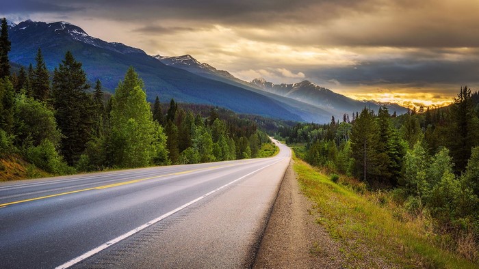 Road through forest to mountains at sunset