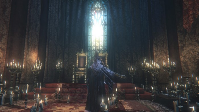 Bloodborne screenshot of a figure in a throne room