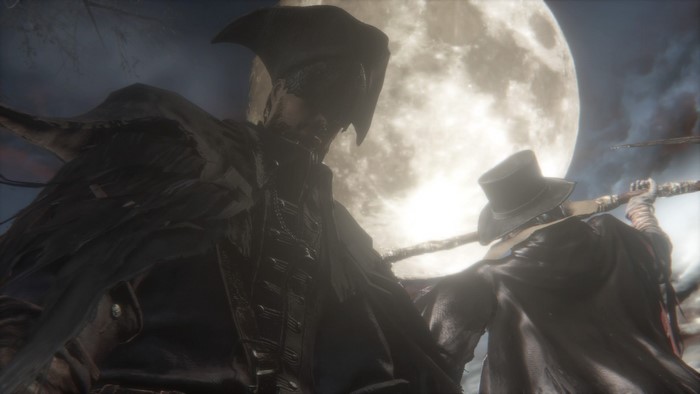 Bloodborne characters in front of a large moon