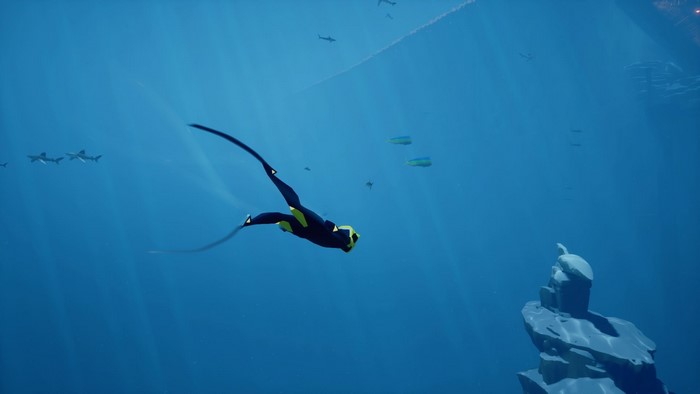 Abzu video game underwater diving with sharks