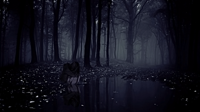 Anime girl sitting by a dark forest pool