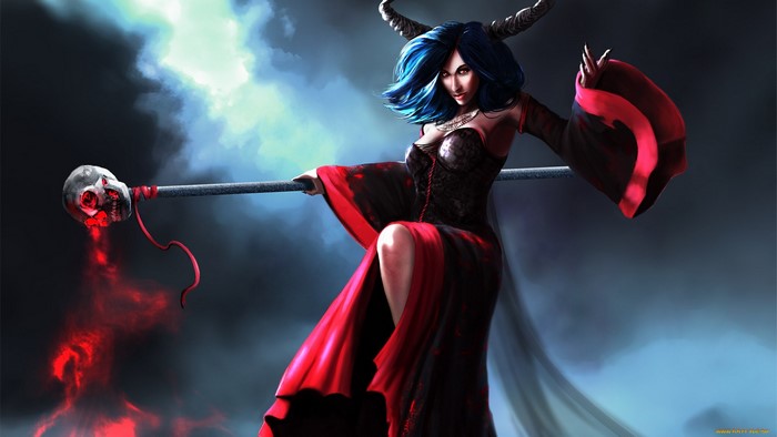 Fantasy woman with horns and skull staff