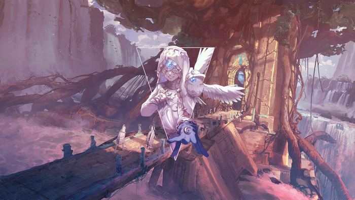 Anime girl with owl and creature in fantasy landscape