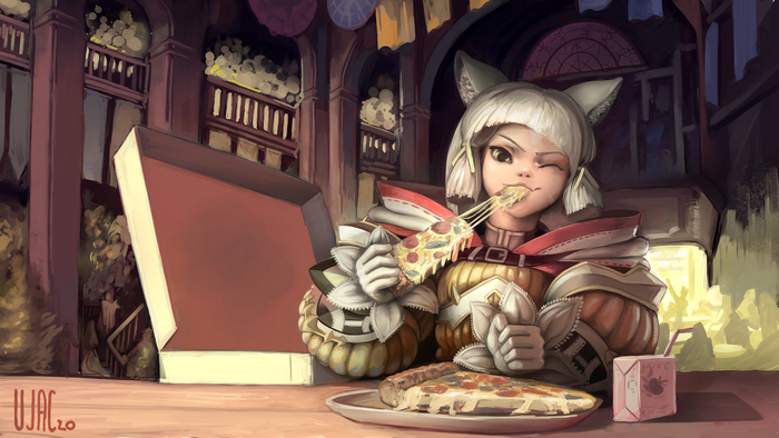 Cat girl eating pizza in a restaurant