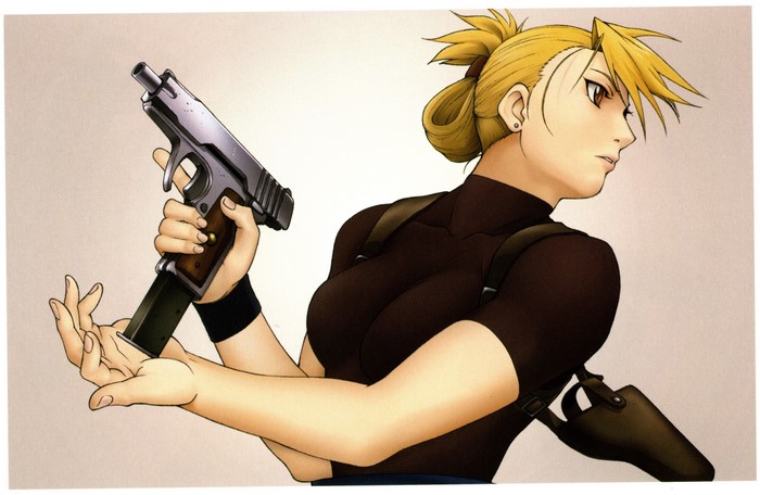 Riza Hawkeye from Full Metal Alchemist holding a pistol