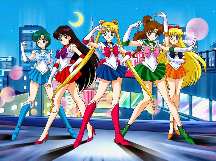 Sailor Moon and the Sailor Guardians in a Cityscape