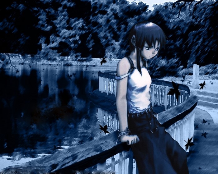 Lain Iwakura from Serial Experiments Lain sitting by a lake