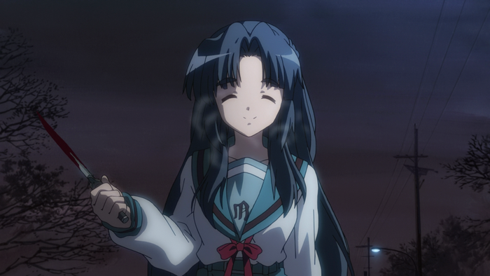 Ryoko Asakura from The Melancholy of Haruhi Suzumiya holding a bloody knife