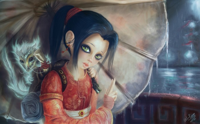 Fantasy girl with creature under umbrella in rain