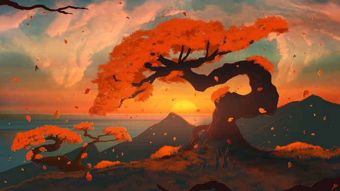 Digital painting of a sunset with autumn trees and fallen leaves