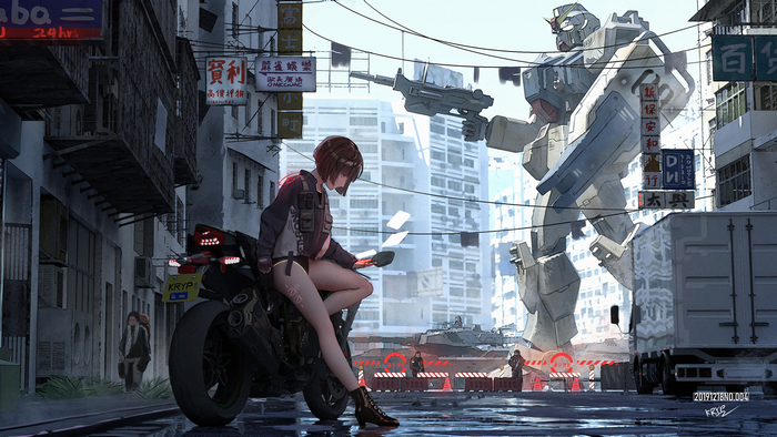Gundam and Girl with Motorcycle in Sci-Fi City