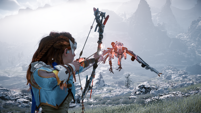 Aloy from Horizon Zero Dawn aiming a bow at a machine