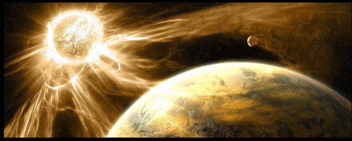 Digital art of a sun, planet, and moon in space