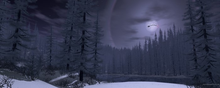 Santa Claus flying over a snowy forest at night