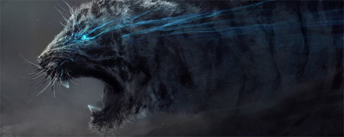 Artwork of a dark tiger with glowing blue eyes