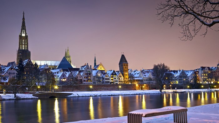 Ulm Minster and cityscape in winter by the Danube River, Germany