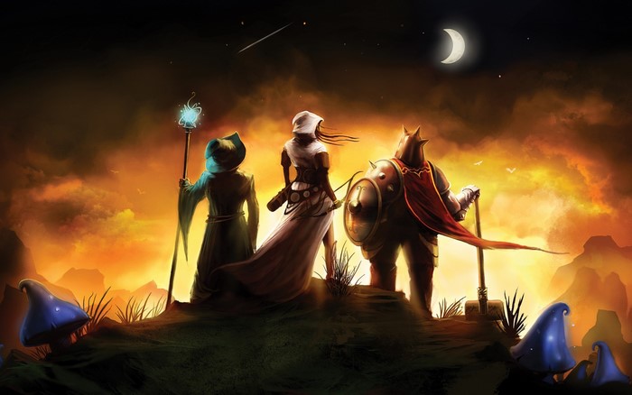Three fantasy characters in Trine video game art