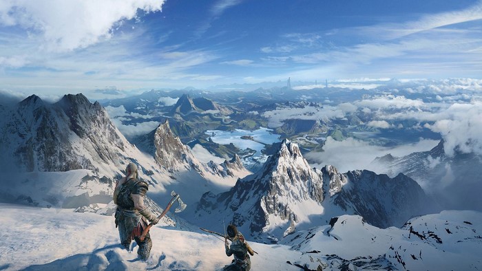 Kratos and Atreus on a snowy mountain top in God of War