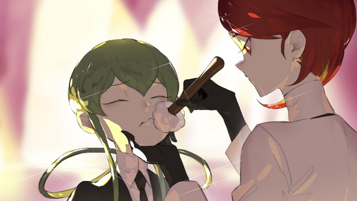Jade and Rutile from Houseki no Kuni applying makeup