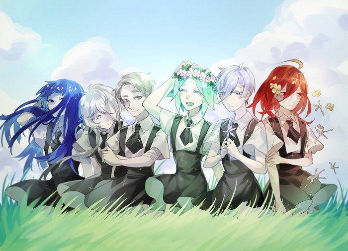 Characters from Houseki no Kuni in a grassy field