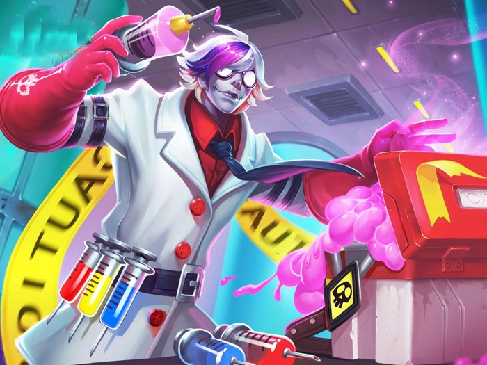 Mad scientist with syringes and pink goo