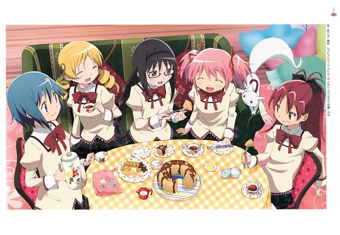 Mahou Shoujo Madoka Magica characters having tea