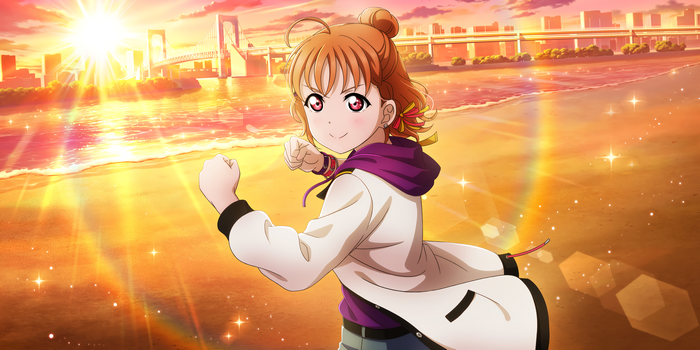 Takami Chika from Love Live! Sunshine!! on a beach at sunset